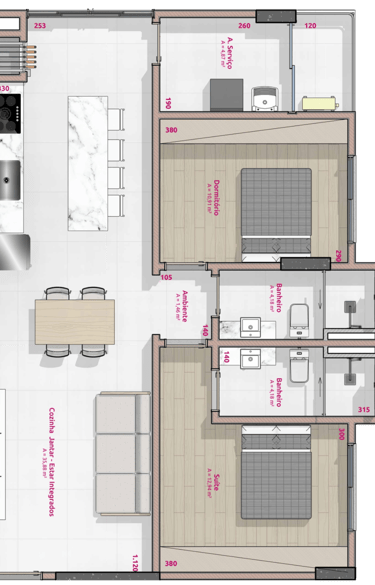 Planta do apartamento de 87,55 m²